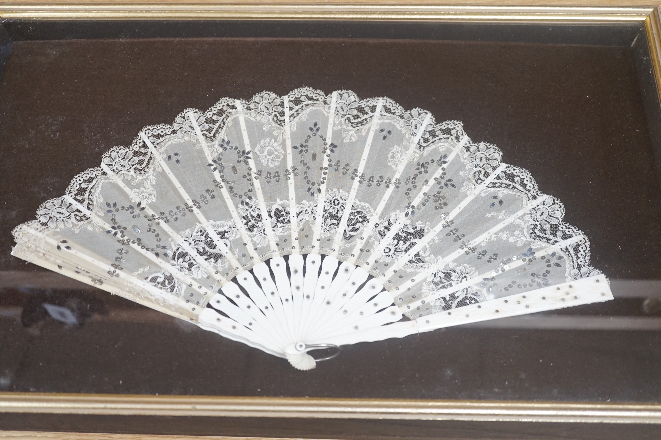 A pair of 19th century cased bone and painted lace fans, 40cm long excl frame